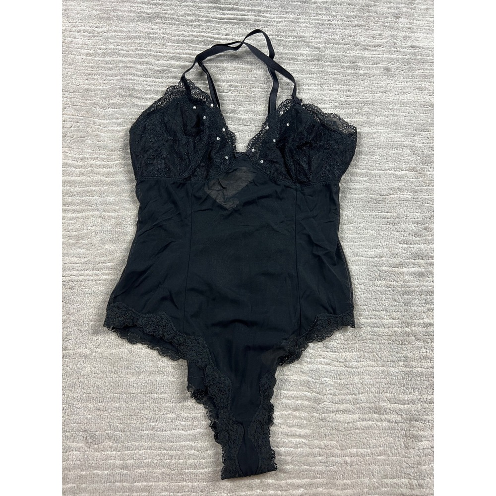 Gilligan & O'Malley Bodysuit Womens M Black Lace Trim Rhinestone Halter Mesh
